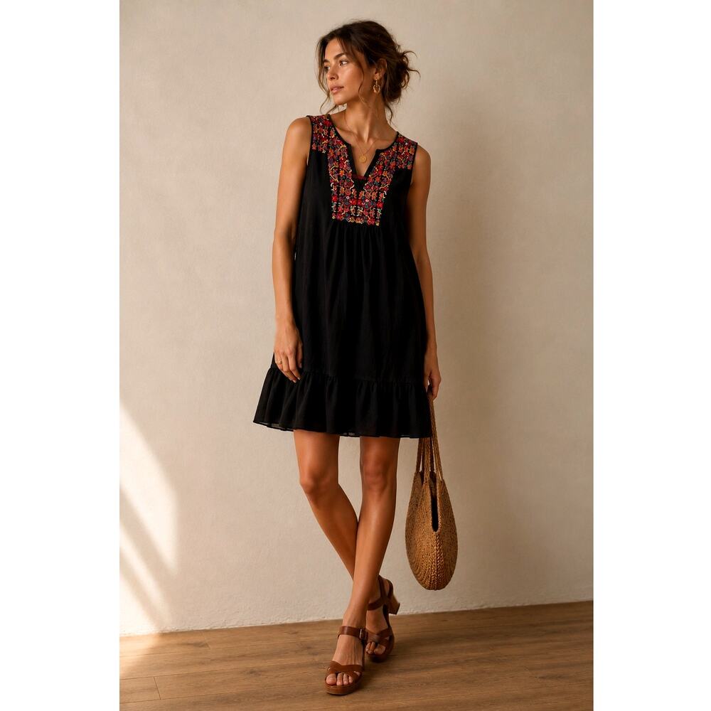 Anthropologie THML rayon mini dress embroidered ruffle flowy tiered boho-Small